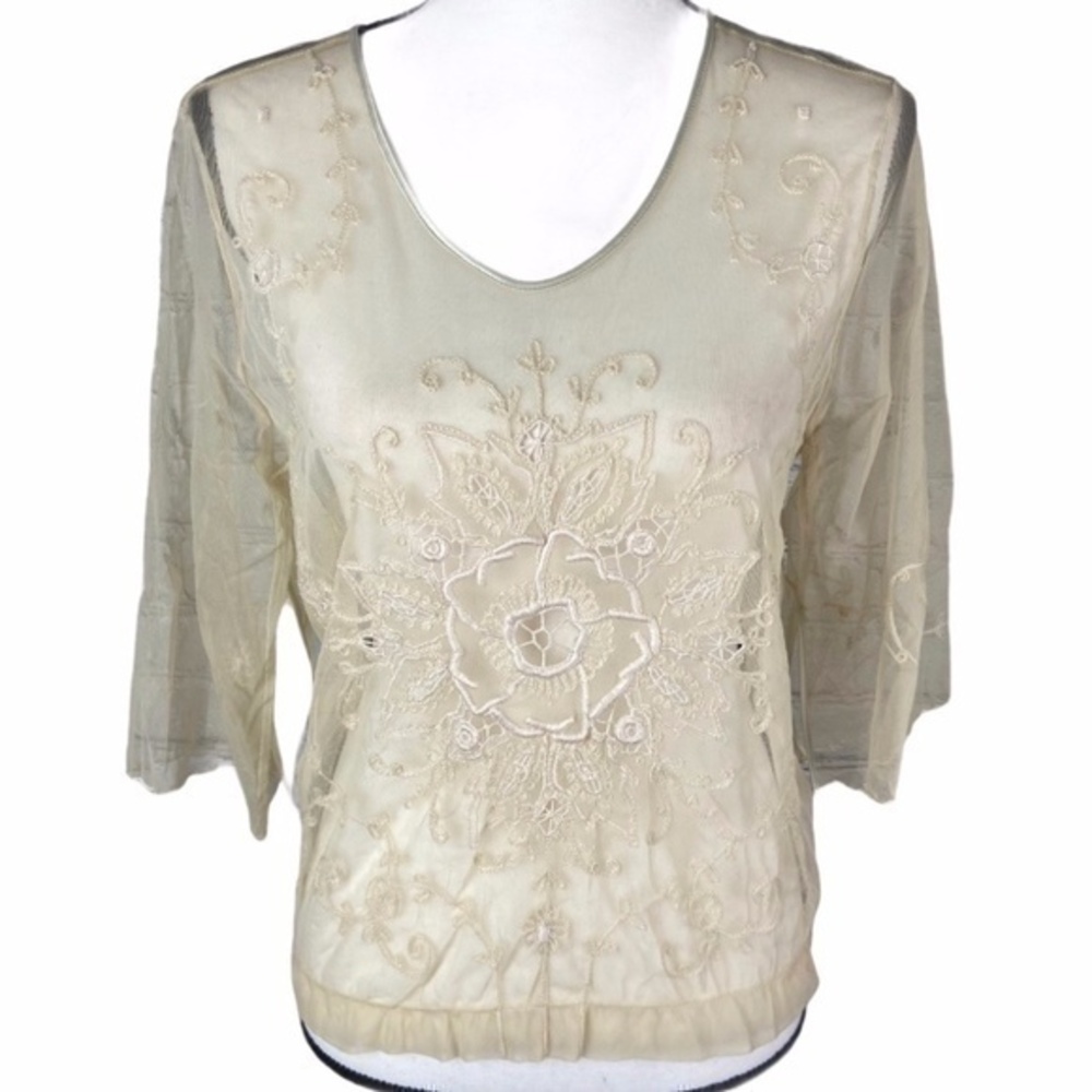Cami International Top Cream Floral Embroidery Sheer Nylon Lace Top